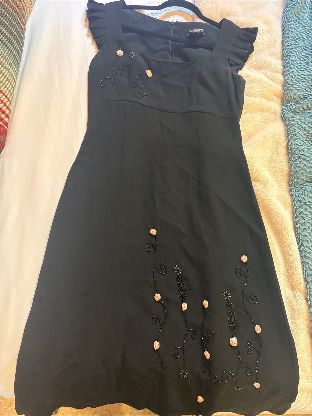 Black Silk Midi Dress with Embroidered Pink Rosebuds